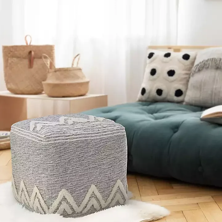Gray and Ivory Tufted Peak Pouf