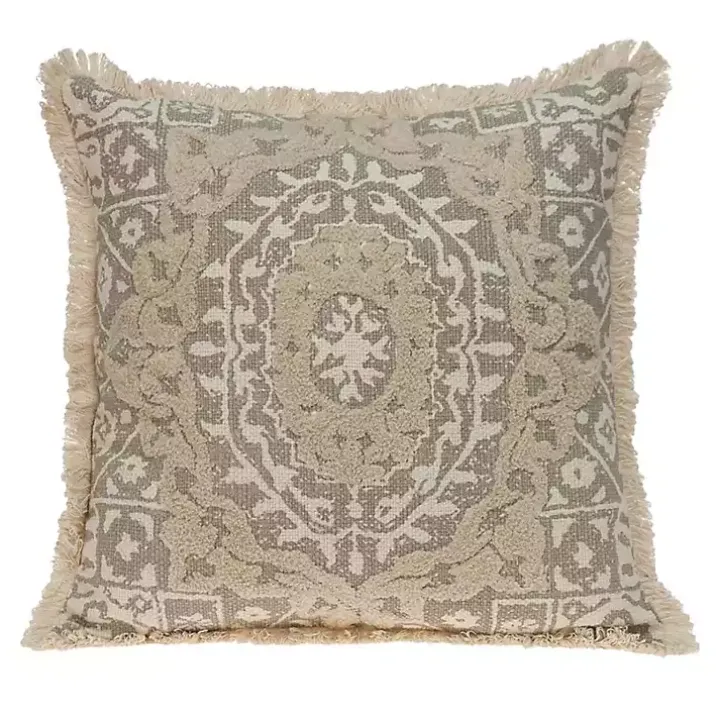 Gray and Tan Medallion Fringe Pillow