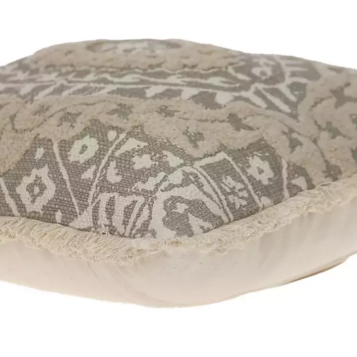 Gray and Tan Medallion Fringe Pillow