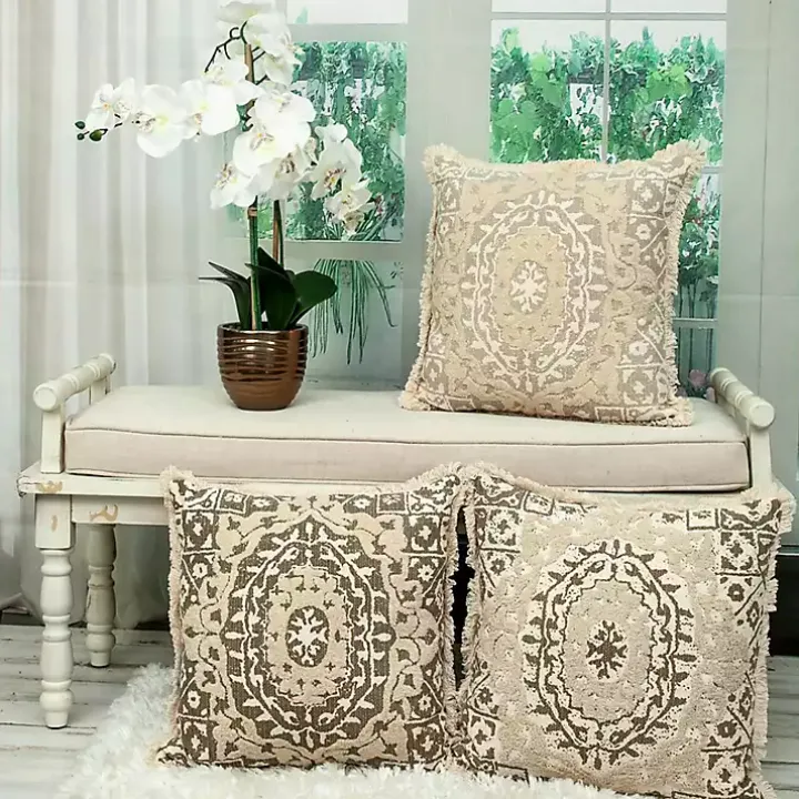 Gray and Tan Medallion Fringe Pillow