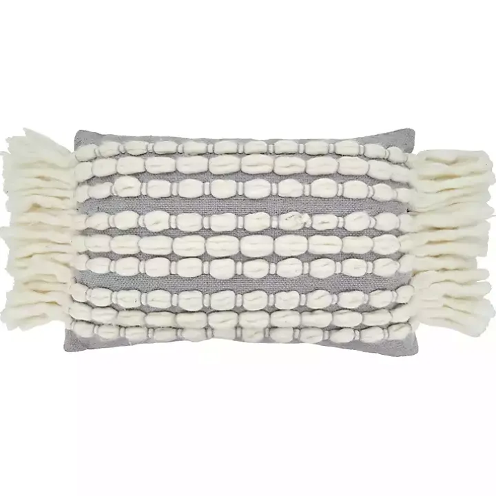 Gray and White Chunky Fringe Lumbar Pillow