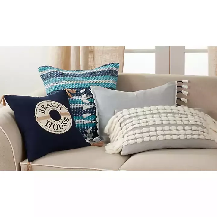 Gray and White Chunky Fringe Lumbar Pillow