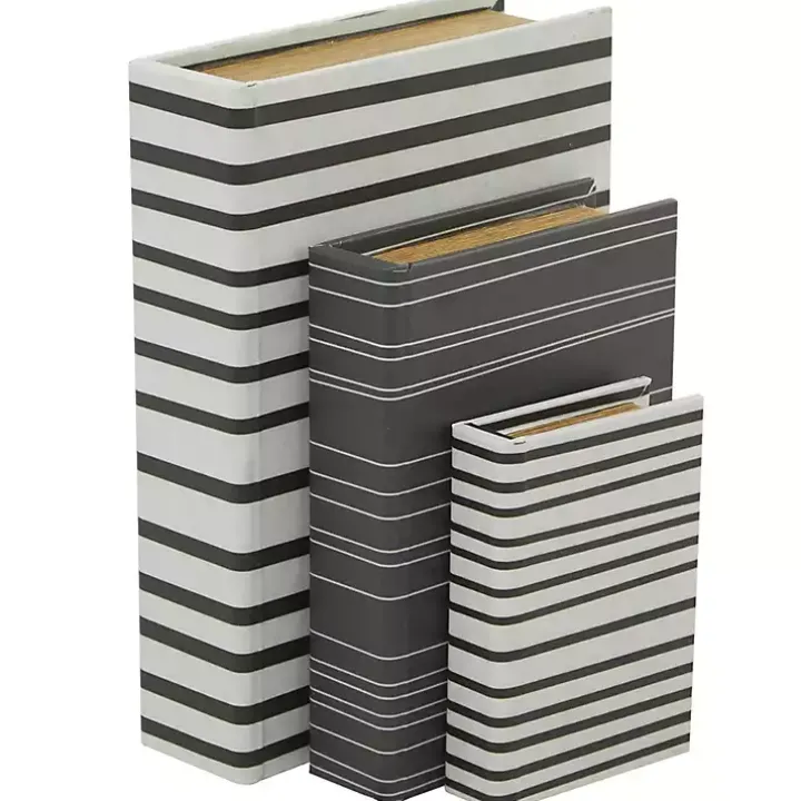 Gray and White Striped Book Boxes, Set of 3