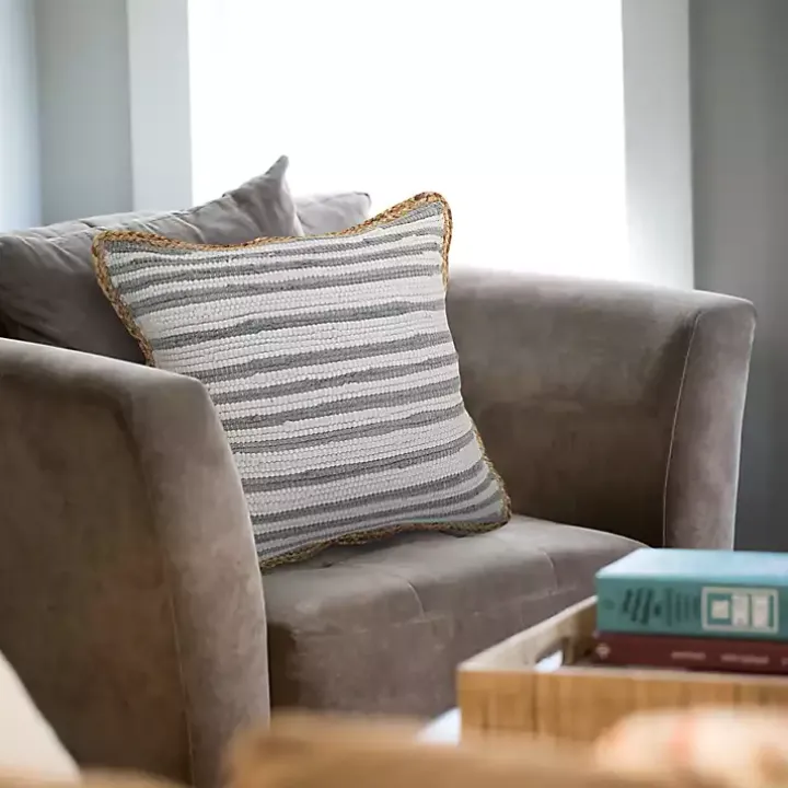 Gray and White Stripped Jute Border Accent Pillow