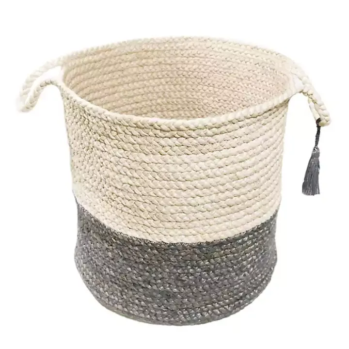 Gray and White Woven Basket with Tassel, 17 in.