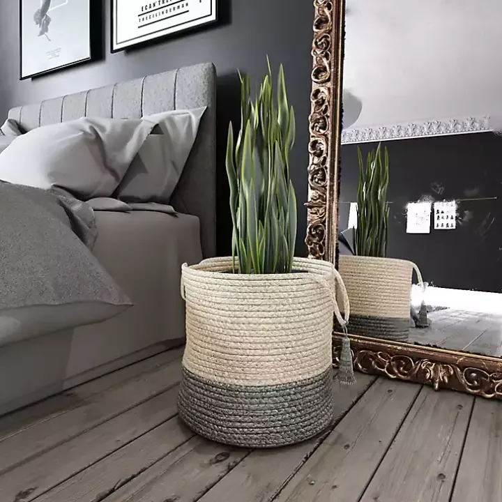 Gray and White Woven Basket with Tassel, 17 in.