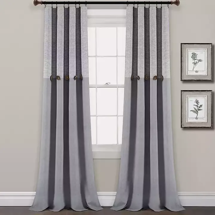 Gray Button and Stripe Curtain Panel Set, 95 in.