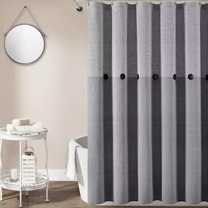 Gray Button and Stripe Shower Curtain