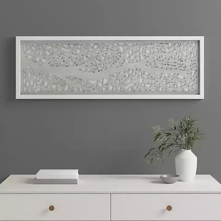 Gray Carved Wood Laurel Branches Panel Wall Plaque