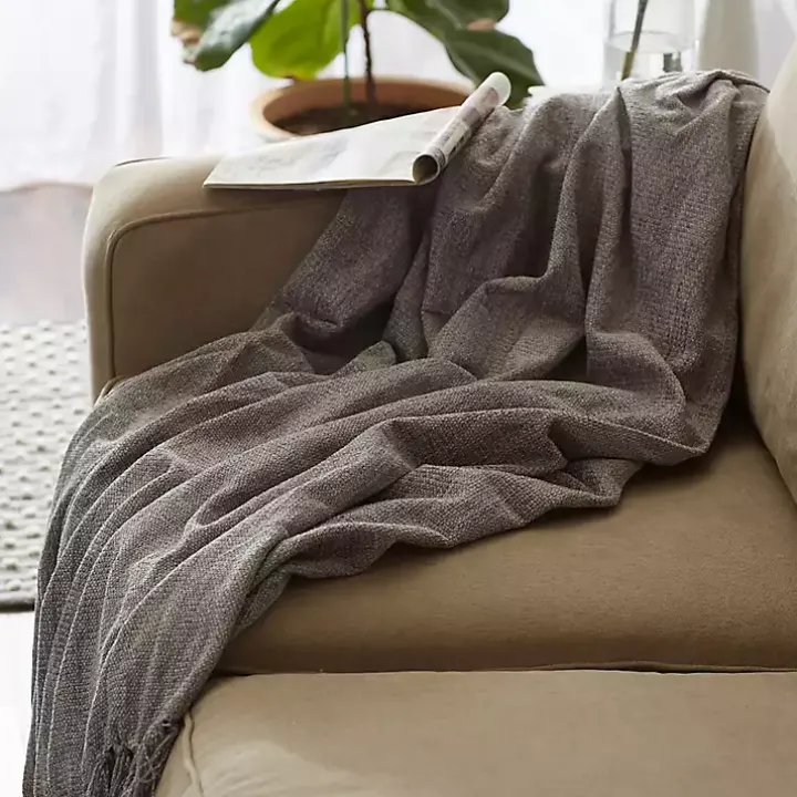 Gray Chenille Fringe Throw