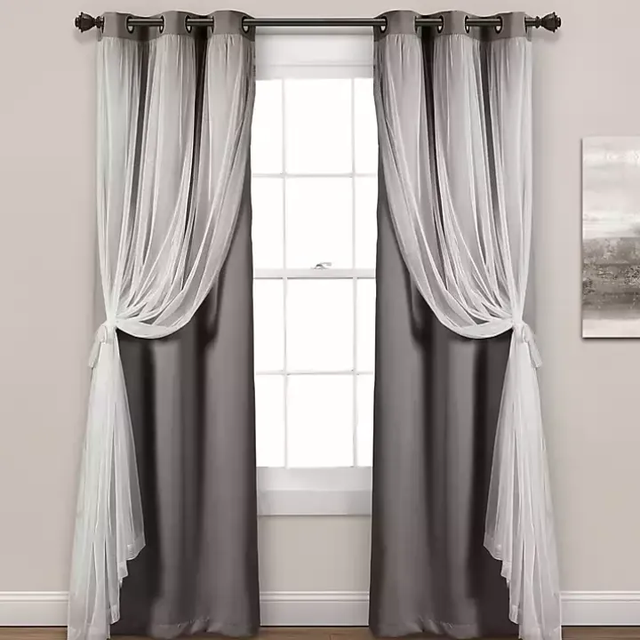Gray Curtain Panel Set with Overlay, 84 in.
