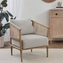 Gray Curved Wood and Jute Rope Accent Chair