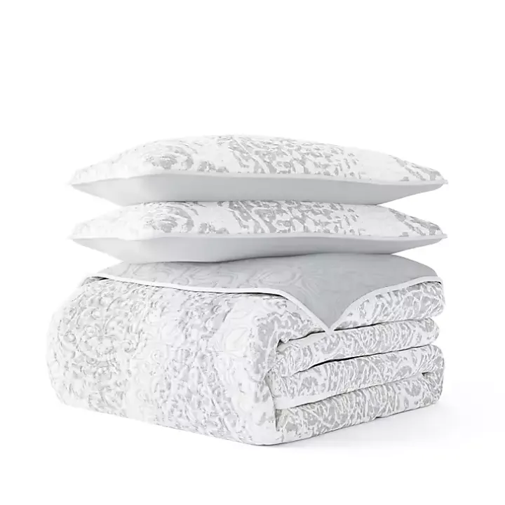 Gray Damask Reversible 3-pc. King Quilt Set