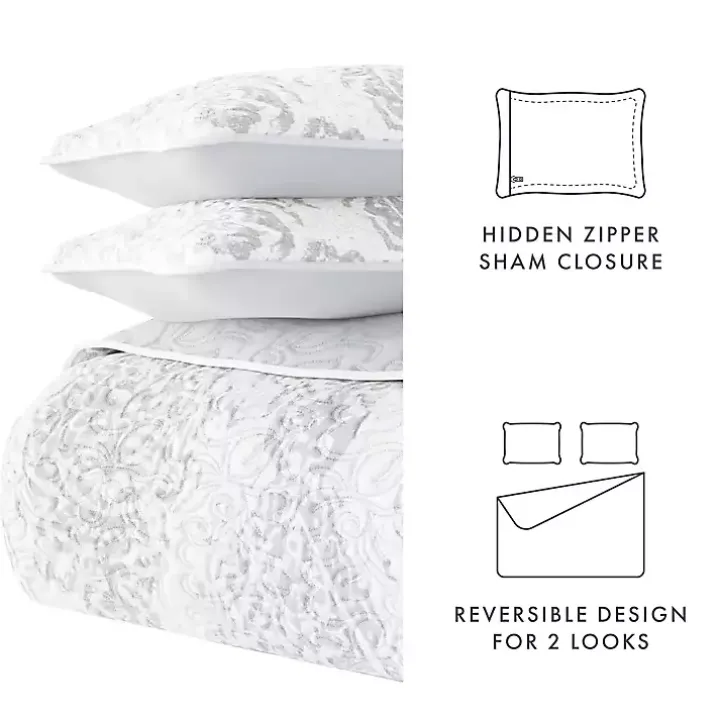 Gray Damask Reversible 3-pc. King Quilt Set