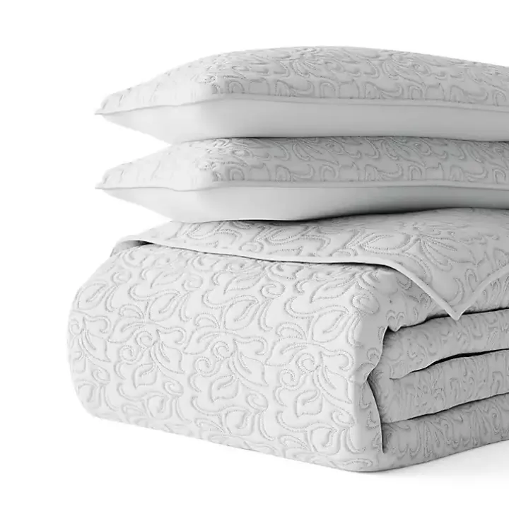 Gray Floral Stitch 3-pc. King Quilt Set