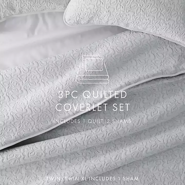 Gray Floral Stitch 3-pc. Queen Quilt Set