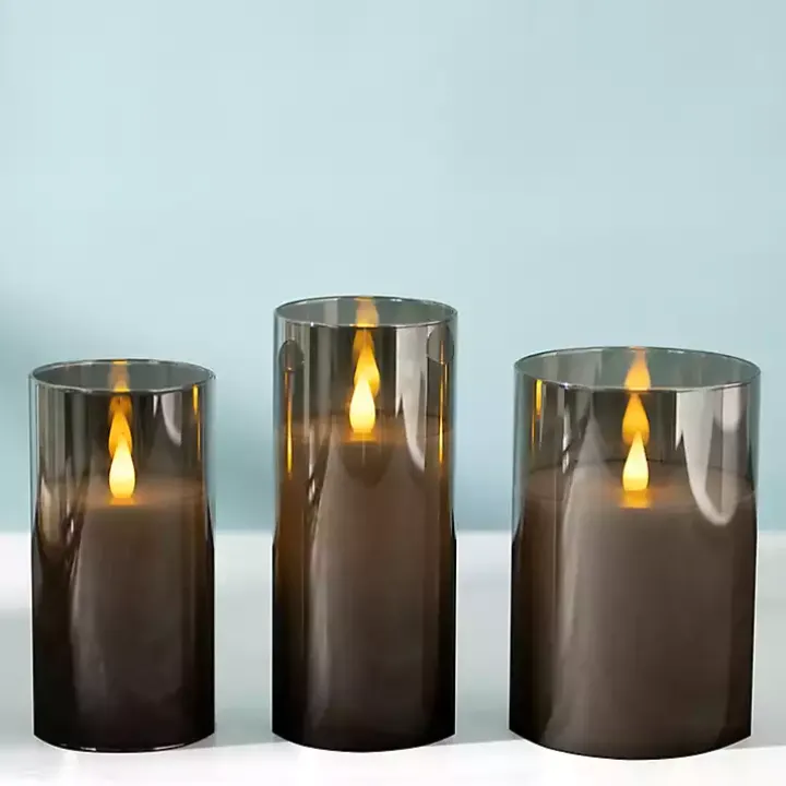 Gray LED Soft Flame Glass Pillar Candle, 3x7 in.