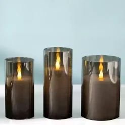 Gray LED Soft Flame Glass Pillar Candle, 4x6 in.