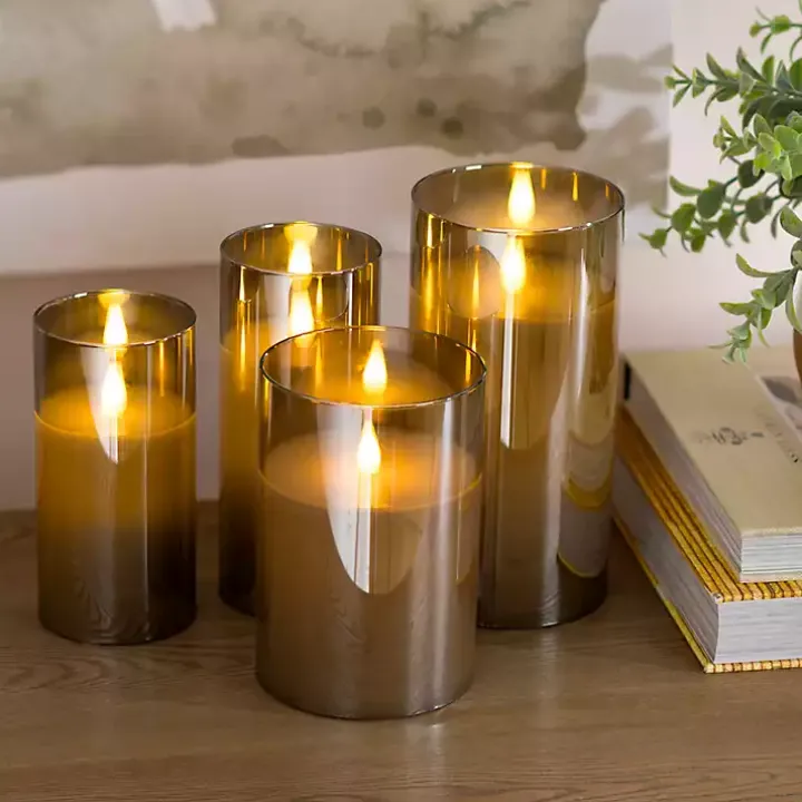Gray LED Soft Flame Glass Pillar Candle, 4x8 in.