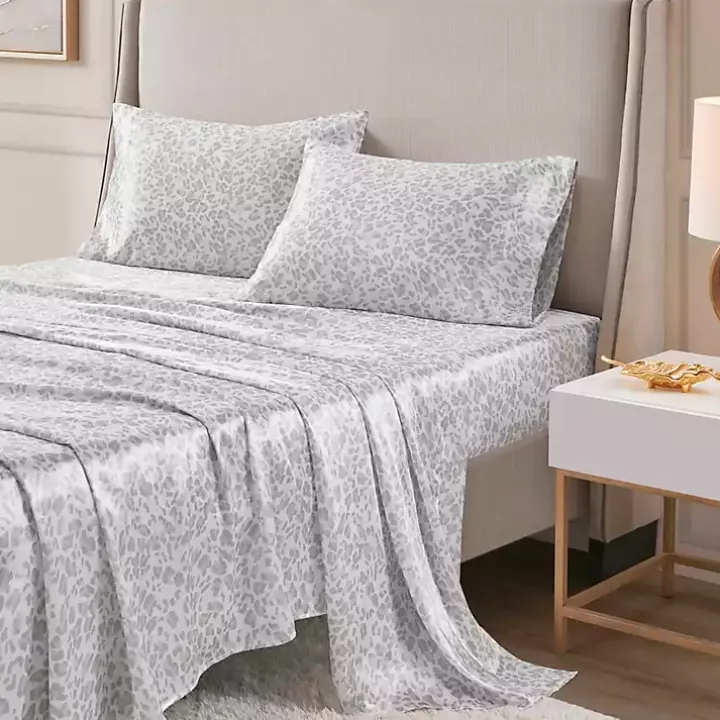 Gray Leopard Print Satin 4-pc. Queen Sheet Set