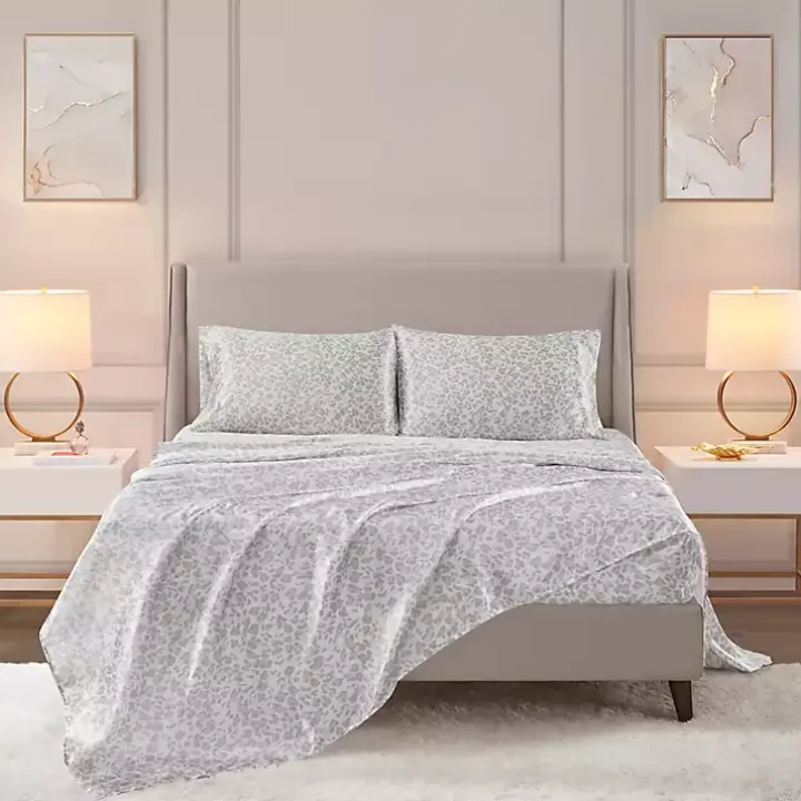 Gray Leopard Print Satin 4-pc. King Sheet Set