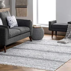 Gray Mottled Stripe Tassel Area Rug, 9x12