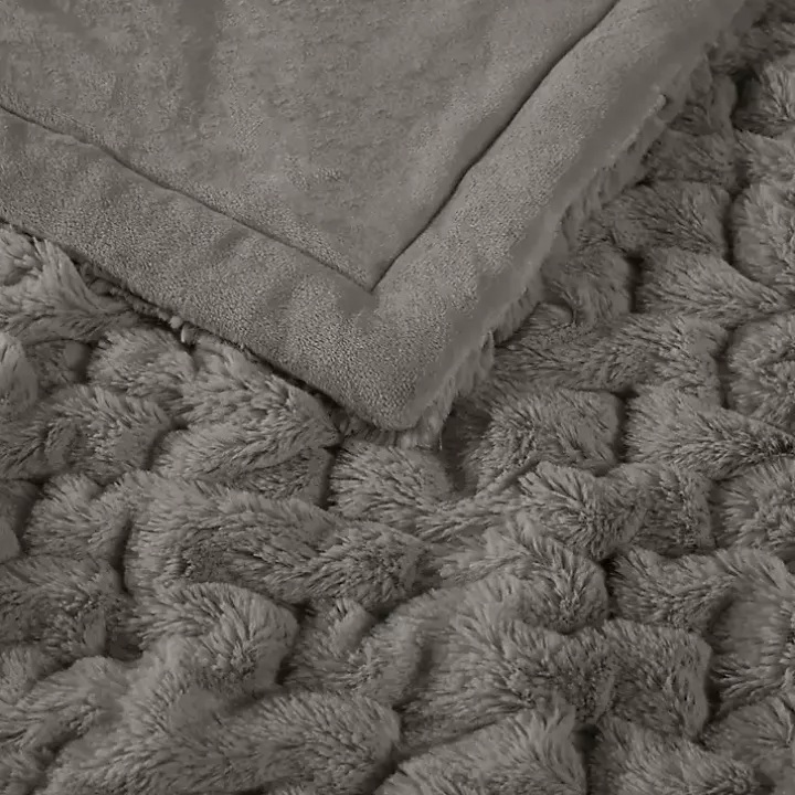 Gray Ruched Faux Fur Throw