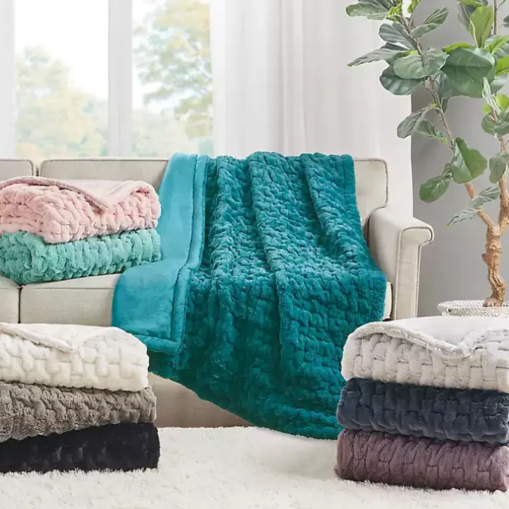 Gray Ruched Faux Fur Throw