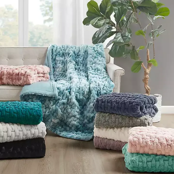 Gray Ruched Faux Fur Throw