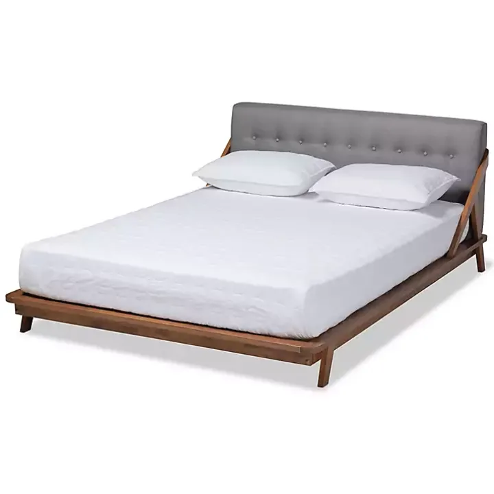 Gray Tufted and Natural Walnut King Platform Bed