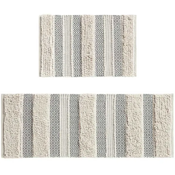 Gray Tufted Stripes Woven Bath Mat