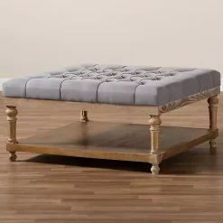 Gray Upholstered Linen Tufted Ottoman with Shelf
