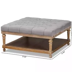 Gray Upholstered Linen Tufted Ottoman with Shelf