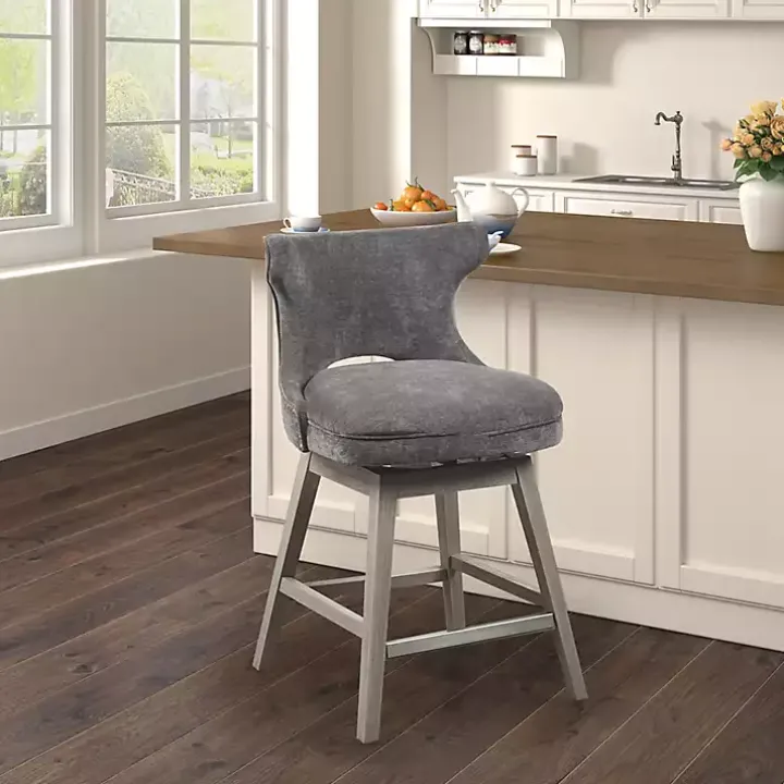 Gray Upholstered Wood Swivel Counter Stool