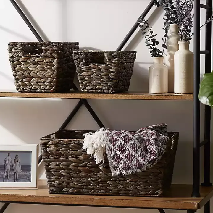 Graywashed Woven Water Hyacinth Baskets, Set of 3