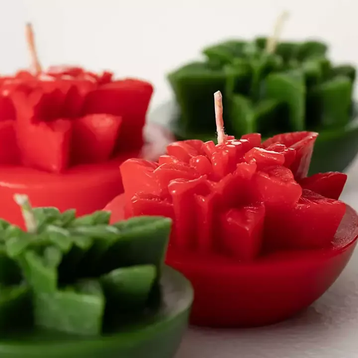 Green & Red Poinsettia Candles, Set of 4