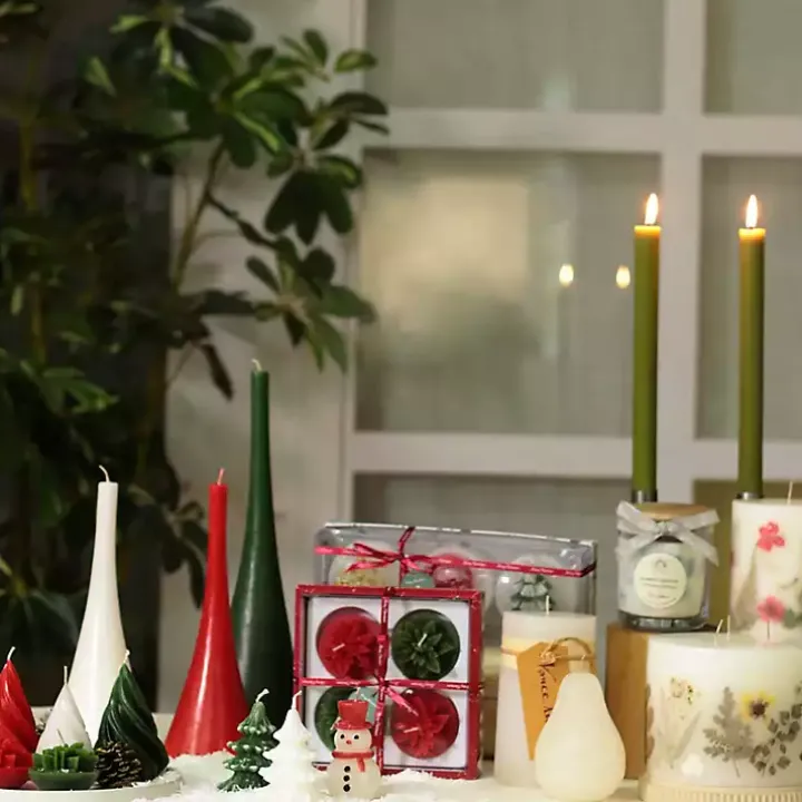 Green & Red Poinsettia Candles, Set of 4