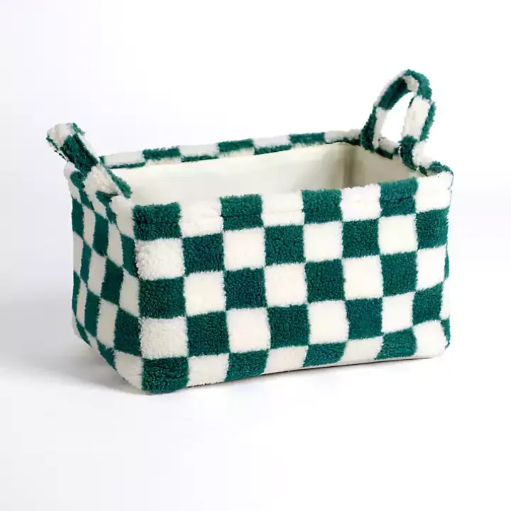 Green & White Checkered Sherpa Storage Bin