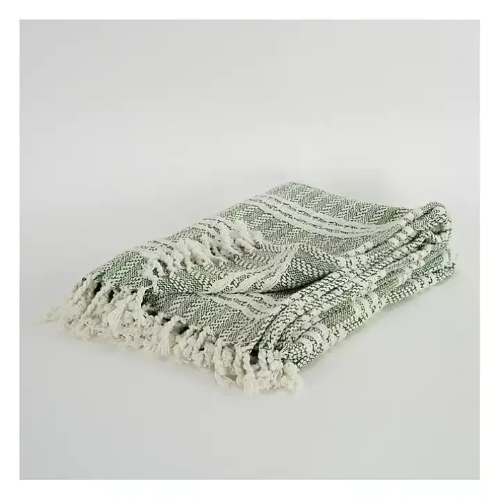 Green and Ivory Striped Cotton Throw