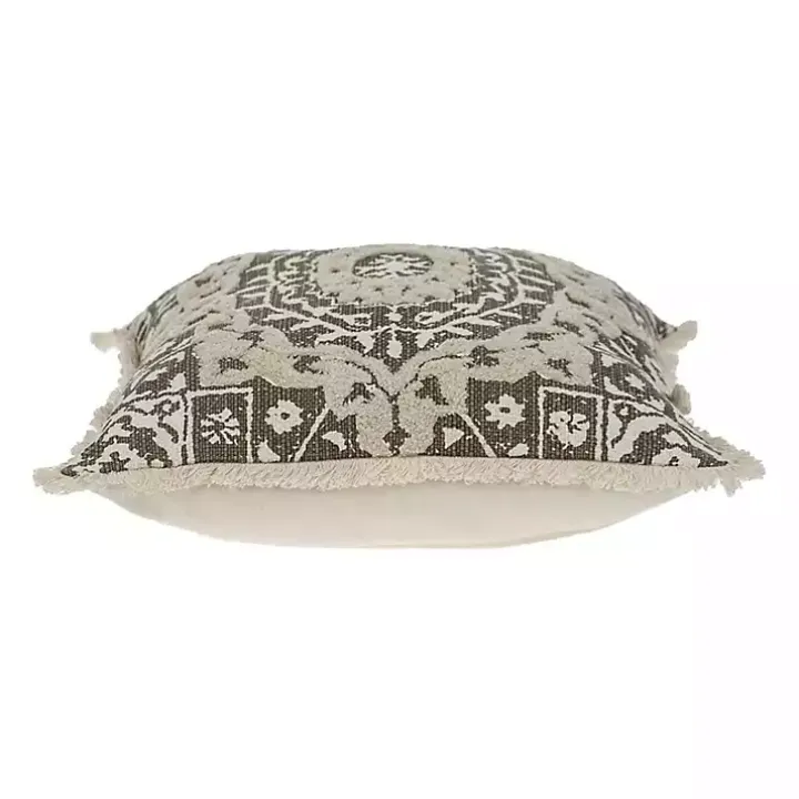 Green and Tan Medallion Fringe Pillow