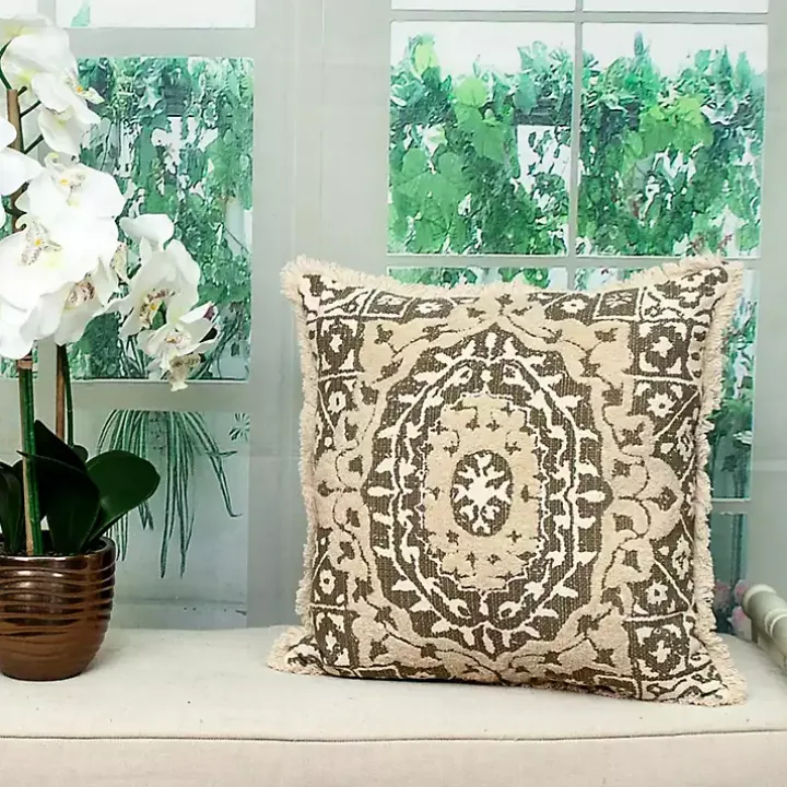 Green and Tan Medallion Fringe Pillow
