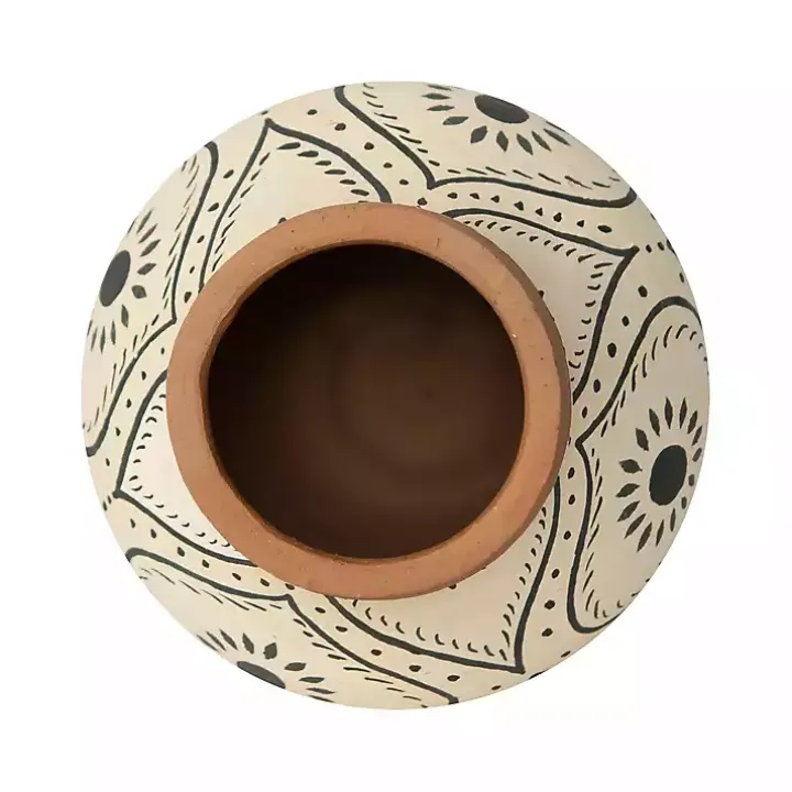 Green and White Floral Terracotta Vase