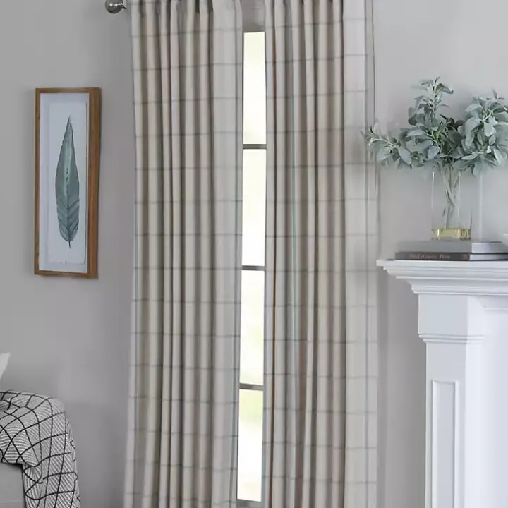 Green Checkered Single Curtain Panel, 84 in.
