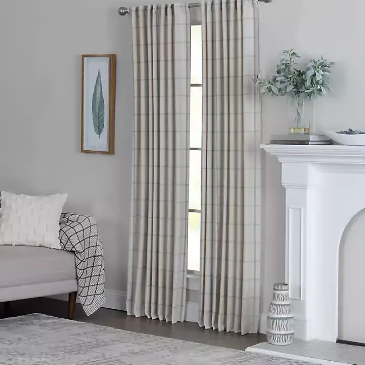 Green Checkered Single Curtain Panel, 84 in.