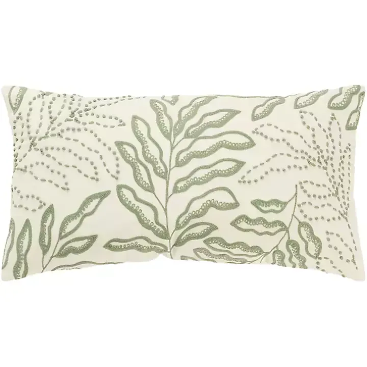 Green Embroidered Botanical Lumbar Pillow