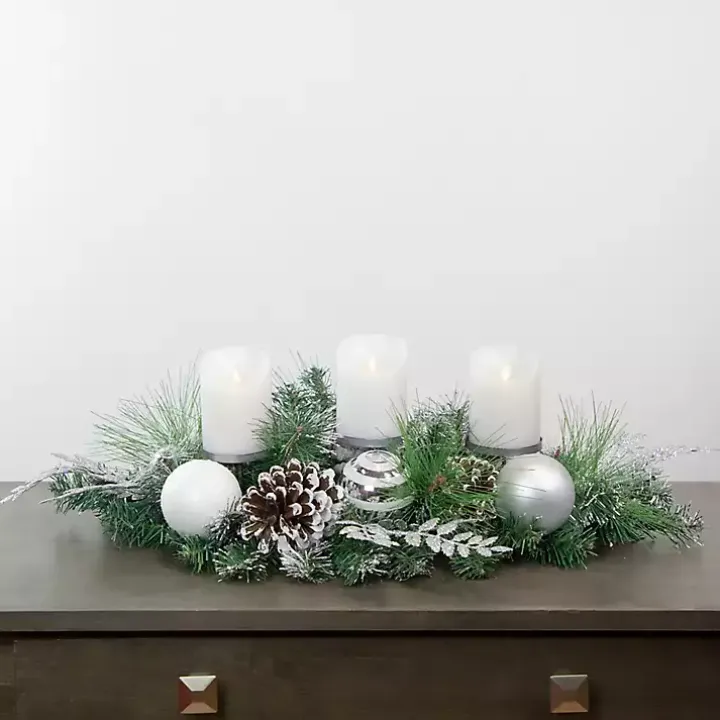 Green Pine and Ornament Candle Centerpiece