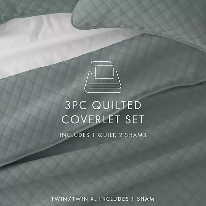 Green Stitched Diamond 3-pc. Queen Quilt Set