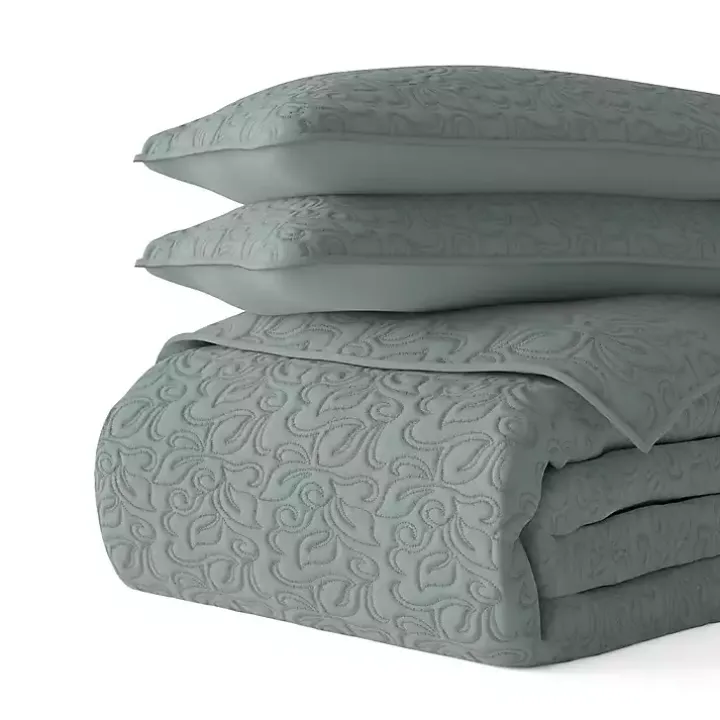 Green Stitched Floral 3-pc. Queen Quilt Set