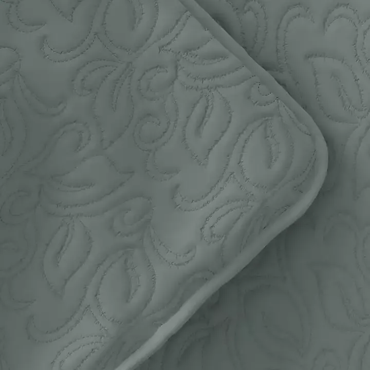 Green Stitched Floral 3-pc. Queen Quilt Set