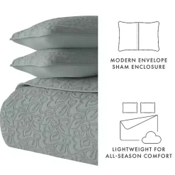 Green Stitched Floral 3-pc. Queen Quilt Set